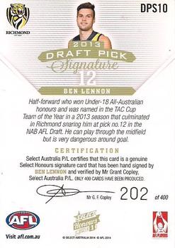 2014 Select AFL Honours Series 1 - Draft Pick Signatures #DPS10 Ben Lennon Back
